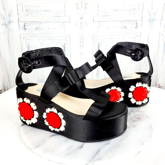 Prada Shoes - Designer PRADA Silk Satin Bow Platform Flower Sandals
